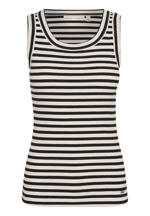 Juodas ir baltas dryžuotas be rankovių marškinėliai, banguota tekstūra, suapvalintas iškirpimas, su mažo logotipo akcentu apatinėje siūlėje.