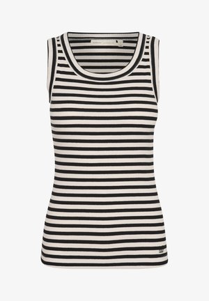 Juodas ir baltas dryžuotas be rankovių marškinėliai, banguota tekstūra, suapvalintas iškirpimas, su mažo logotipo akcentu apatinėje siūlėje.