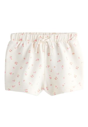 Hvide elastiske shorts med lille pink blomstermønster og snor foran, designet til børn.