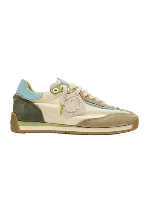 Low-top sneaker with beige fabric and suede panels in green, light blue, and brown, featuring white laces and a gum sole.