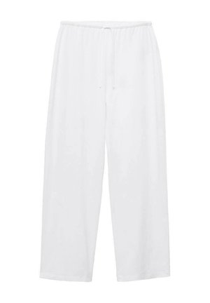 Pantaloni bianchi a gamba larga realizzati in tessuto leggero, con una vita elastica dotata di cordoncino per una vestibilità regolabile. Tessuto liscio, senza motivi.