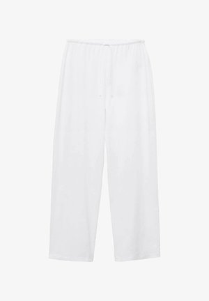 Pantaloni bianchi a gamba larga realizzati in tessuto leggero, con una vita elastica dotata di cordoncino per una vestibilità regolabile. Tessuto liscio, senza motivi.