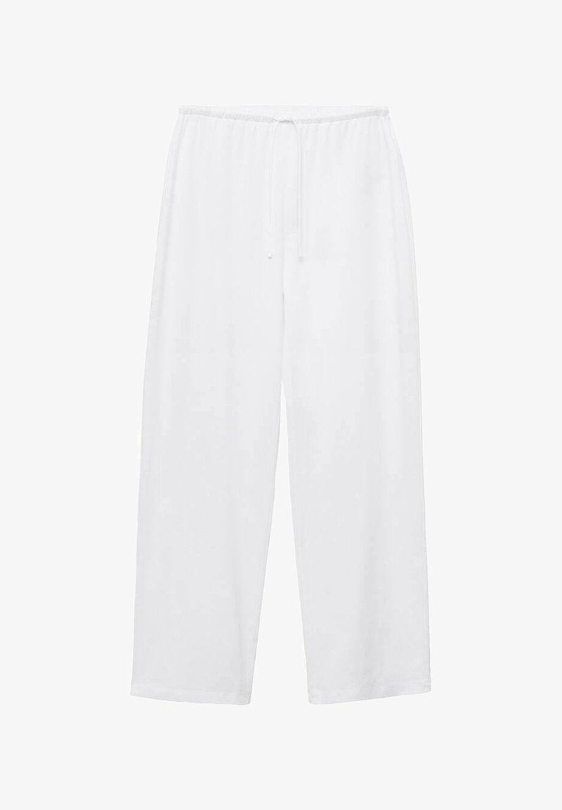 Pantalons larges blancs en tissu léger, dotés d'une taille élastique avec un cordon de serrage pour un ajustement personnalisable. Texture lisse, sans motifs.