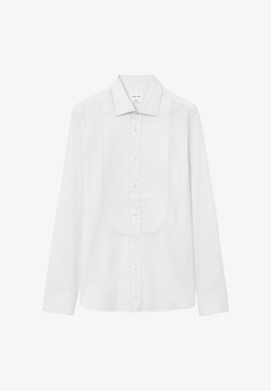 Weißes Langarmhemd mit einer strukturierten Puffer, klassischem Kragen und Knopfleiste. Glattes Material mit lockerer Passform.