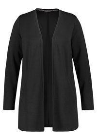 Černý dlouhý kardigan z měkkého materiálu, s výstřihem do V, otevřeným předním dílem, dlouhými rukávy a dvěma bočními kapsami. Hladká textura a minimalistický design.