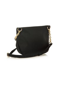 Borsa a tracolla in stoffa nera con dettagli in catena color oro e tracolla staccabile. Tessuto morbido; forma arrotondata con chiusura a zip.