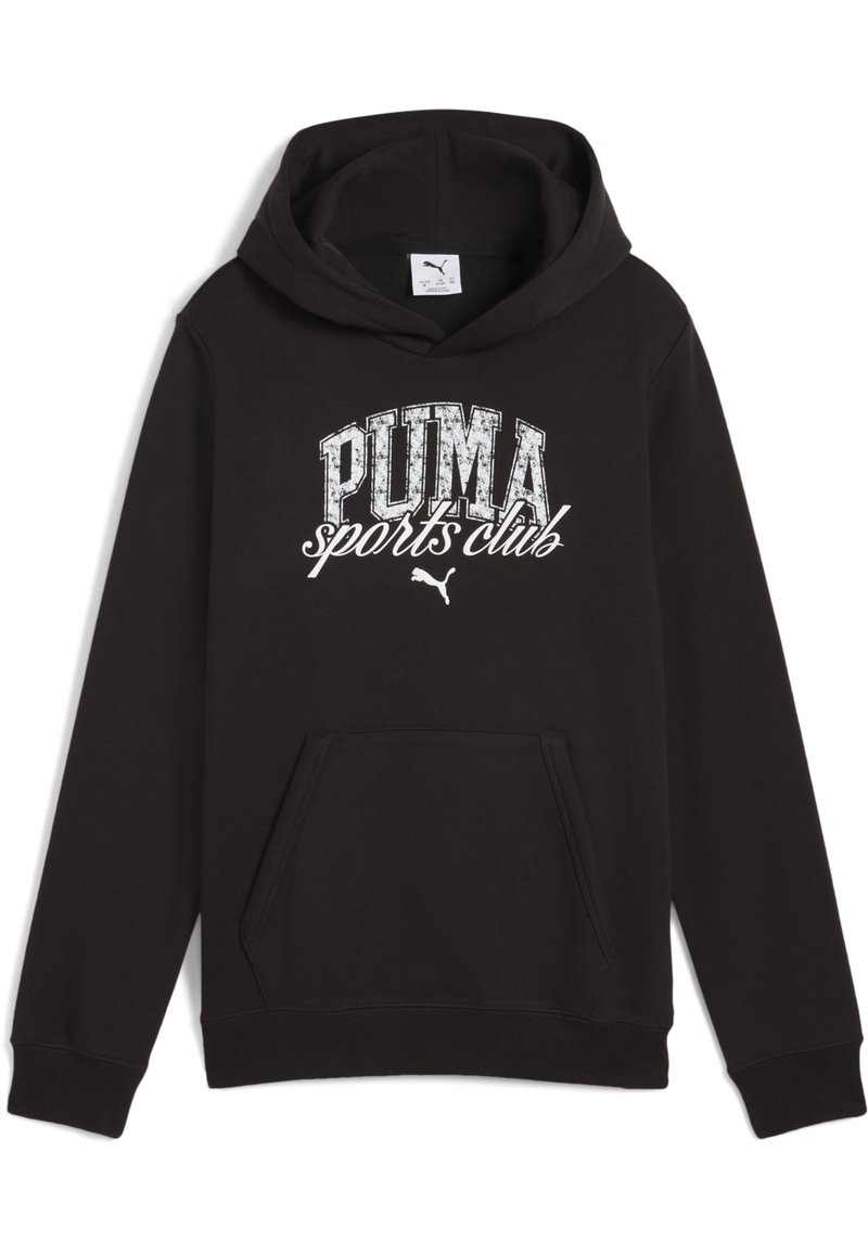 Schwarzer Hoodie aus Baumwollmischung, mit einer vorderen Kängurutasche, gerippten Bündchen und einem weißen PUMA Sports Club Grafik auf der Brust.
