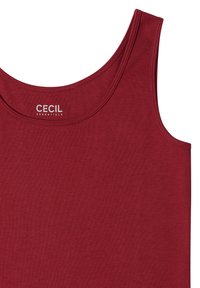 Débardeur rouge foncé sans manches avec col rond, en tissu lisse, avec une étiquette "CECIL ESSENTIALS" à l'intérieur du col.