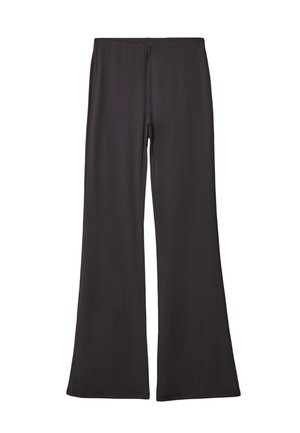 Pantaloni neri a gamba larga realizzati in un tessuto morbido ed elastico. Presentano una vita elastica e nessuna cucitura visibile, offrendo una silhouette pulita.