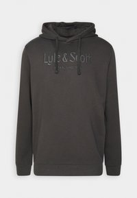 Felpa grigia scura con tasca a marsupio, cappuccio con lacci e logo ricamato "Lyle & Scott". Tessuto morbido con polsini e bordo a coste.