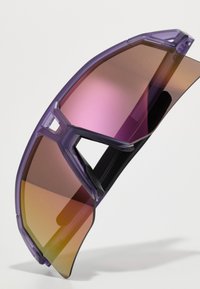 Purple sports sunglasses with large tinted lenses featuring a gradient from pink to orange, a unique frame design, and a sleek black temple.