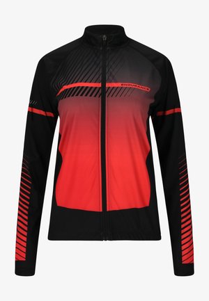 Veste de sport noire et rouge avec fermeture éclair à l'avant, manches longues, dégradé de couleurs et éléments de design rayés.