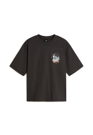 Black cotton t-shirt with short sleeves, featuring a graphic design of a hand holding a crystal with stars, front left chest area.