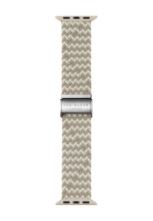 Tkanina pametnog sata u bež i krem boji s uzorkom chevron, s metalnom kopčom ugraviranom s "Ted Baker London."