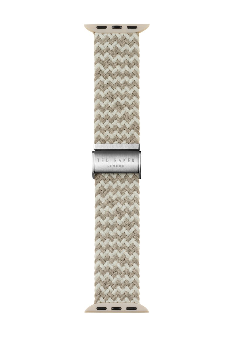Pulsera de reloj inteligente de tela tejida en beige y crema con un patrón de espiga, con un cierre metálico grabado con "Ted Baker Londres."