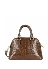 Borsa in pelle effetto coccodrillo marrone con parte superiore arrotondata, doppi manici, tracolla rimovibile e dettagli in metallo color oro.