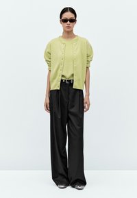 Cardigan verde chiaro con dettagli a bottoni sopra una maglietta coordinata a maniche corte, abbinato a pantaloni neri a gamba larga e scarpe metalliche. Occhiali da sole neri indossati.