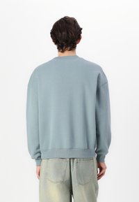 Lichtblauwe sweatshirt met een ronde hals, ribbelmanchetten en -zoom. Zachte textuur, relaxed fit en verlaagde schouders. Draag het met lichtgekleurde jeans.