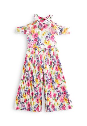 Weißes Cold-Shoulder-Kleid mit pinkem, gelbem und lila Blumenmuster, hohem gerafftem Kragen und plissiertem Rock.