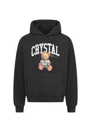 Schwarzer Hoodie mit einer Fronttasche, versehen mit einem Bärengrafik und dem Text "CRYSTAL Paris" in Weiß. Der Stoff wirkt weich und strukturiert.