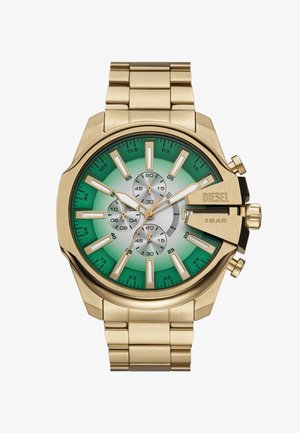 Reloj de acero inoxidable tonalidad dorada con una esfera degradada verde, tres subesferas y marcadores de hora llamativos. Incluye un cronógrafo y un indicador de fecha.