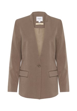 Blazer marrone sartoriale con rever a punta, chiusura con un bottone, due tasche frontali e una fodera interna liscia. Adatto per abbigliamento formale.