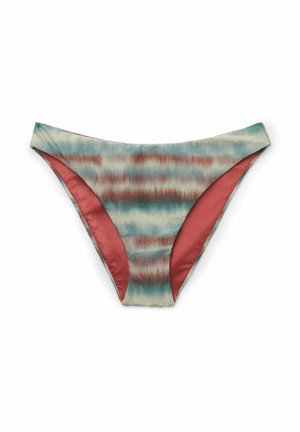 Bas de bikini avec un motif tie-dye en teal, rouille et beige, avec des panneaux latéraux unis en rouille en contraste et une texture lisse et extensible.