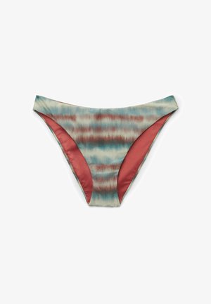 Bikini bottom featuring a tie-dye pattern in teal, rust, and beige, with contrasting solid rust side panels and a smooth, stretchy texture.