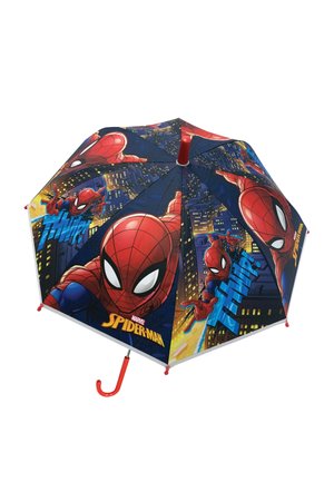 Spiderman-Regenschirm mit einem mehrfarbigen Baldachin, der mit Comic-ähnlichen Grafiken verziert ist, roten Akzenten und einem gebogenen roten Griff. Wasserabweisender Stoff.