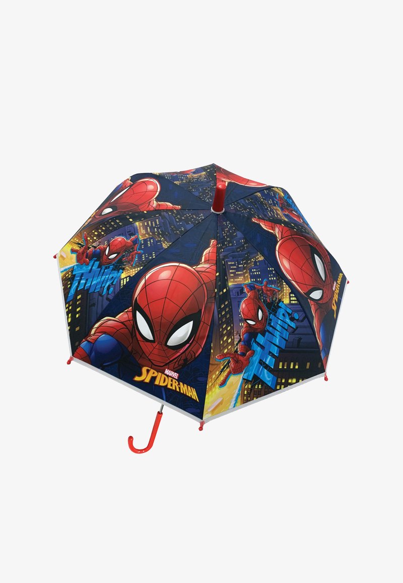 Spider-Man umbrella with a multicolored canopy featuring comic-style graphics, red accents, and a curved red handle. Waterproof fabric.