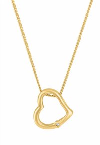 Collana con ciondolo a forma di cuore in tonalità oro con una catena intrecciata e un unico accento di gemma chiara sul bordo del ciondolo.