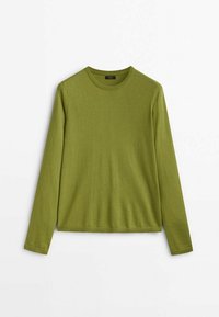 Pull olive vert à manches longues avec col rond, poignets et ourlet côtelés, présenté à plat sur un fond blanc.