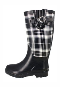 Zwart-witte geruite rubberen regenlaars met een ronde neus, een gegroefde zwarte zool, en een decoratieve zwarte riem met een zilveren ring op de schacht.