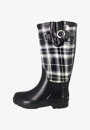 Zwart-witte geruite rubberen regenlaars met een ronde neus, een gegroefde zwarte zool, en een decoratieve zwarte riem met een zilveren ring op de schacht.