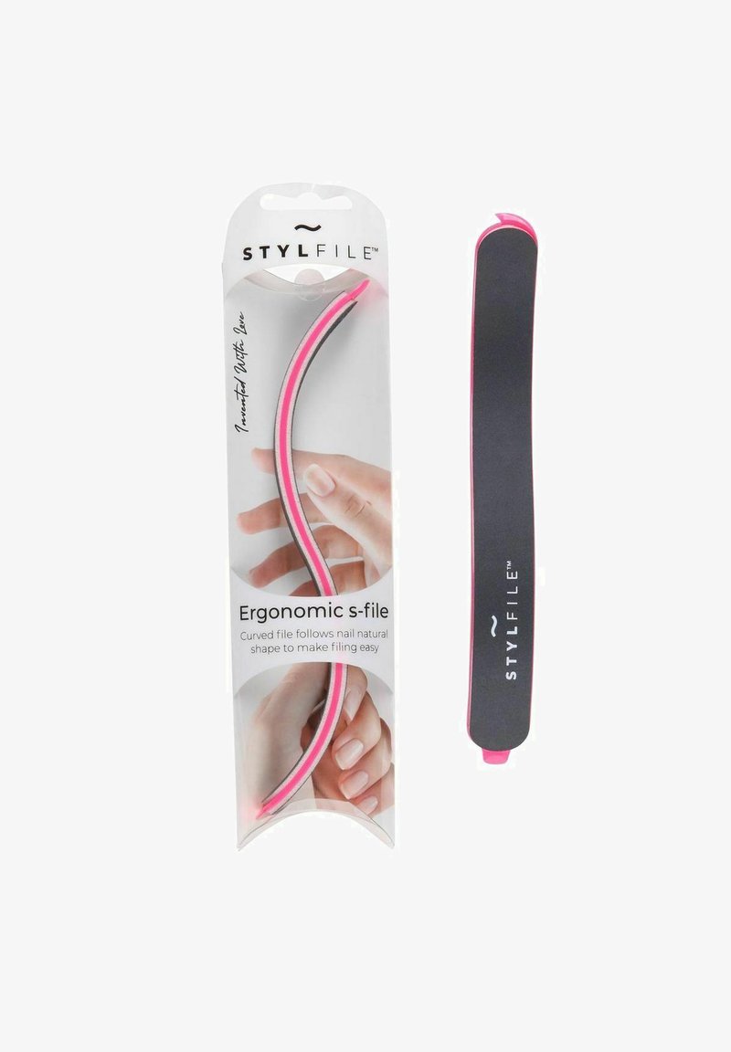 Ergonomic curved nail file with a black abrasive surface, pink edges, and a plastic handle. Packaged in clear blister with instructional graphics.