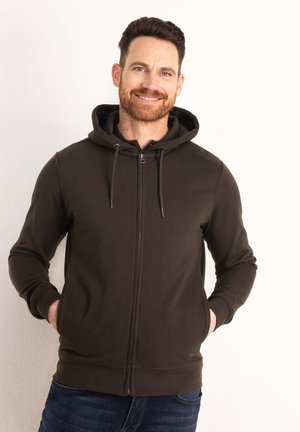 Dark green zip-up hoodie with a drawstring hood, front pockets, and ribbed cuffs. Soft fabric with a smooth texture and minimal branding.