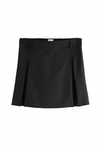 Schwarzer, plissierter Minirock mit einem elastischen Bund. Hergestellt aus einem glatten Stoff, zeichnet er sich durch klare Linien und eine klassische Silhouette aus.