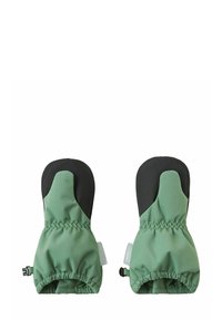 Pair of green and black waterproof mittens with elastic wrists and clips for attachment, designed for outdoor use.