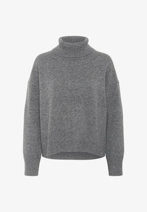 Grå polotröja i mjukt, strukturerat stickat material. Har en avslappnad passform, ribbade muddar och nederkant, samt en hög krage för extra värme.