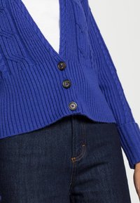 Kunglig blå stickad cardigan med V-ringning, med ribbat mönster, fem knappar och flätmönster på ärmarna. Bärs över mörka jeans.