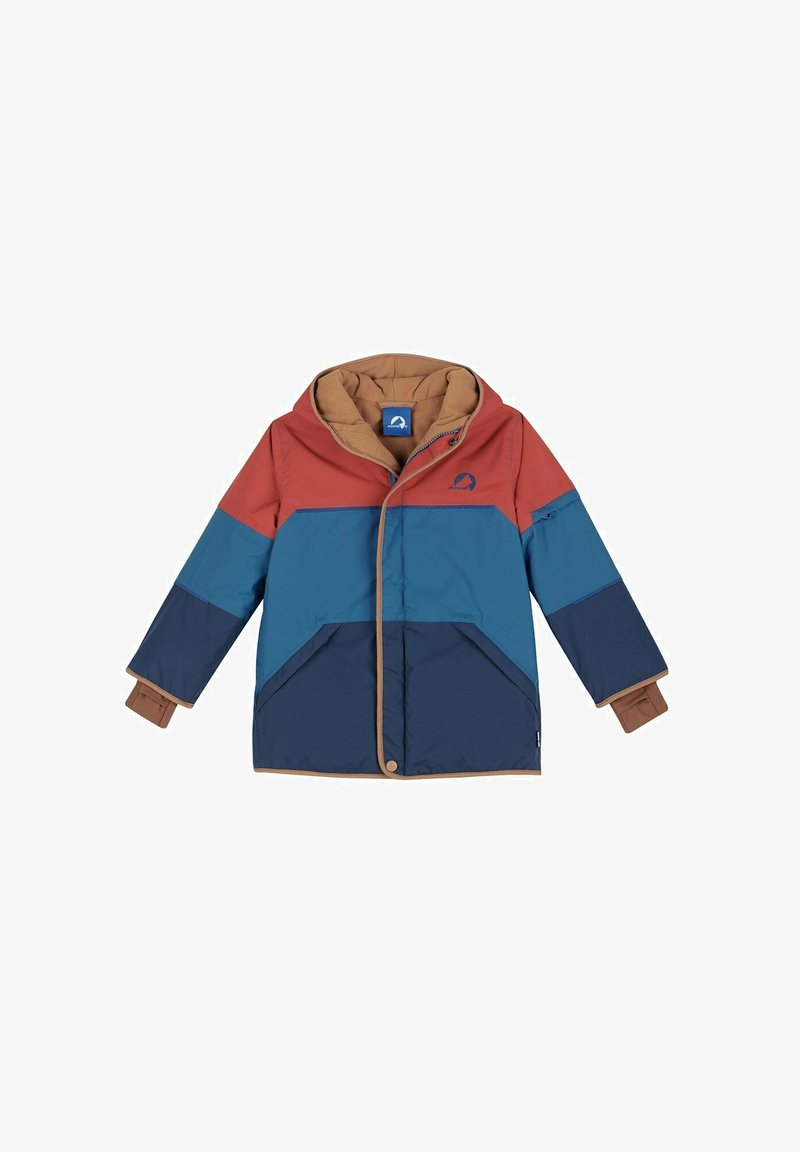 Giacca color block con sezioni marrone bordeaux, teal, blu navy e beige. Presenta un cappuccio, chiusura a scatto e due tasche laterali. Fodera interna morbida.