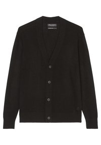 Svart knappad ullkardigan med V-ringning, långa ärmar, ribbade ärmslut och nederkant, samt en liten broderad logotyp nära nederkanten.