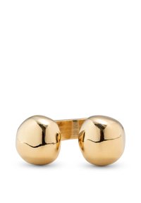 Gemelos en tono dorado con dos elementos esféricos lisos conectados por una barra curvada. Acabado brillante, diseño minimalista, sin patrones visibles.