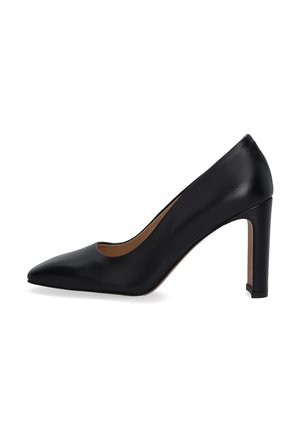 Black leather high heel pump with a pointed toe, smooth texture, and a tapered block heel. No visible patterns or hardware details.