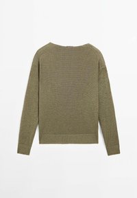 Olivgrüner Strickpullover mit Rundhalsausschnitt, langen Ärmeln, geripptem Saum und strukturiertem Stoff. Verfügt über ein simples und gerades Design.
