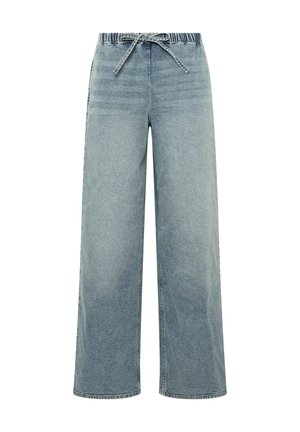 Lichtblauwe wijde denimbroek met elastische tailleband en frontale trekkoordsluiting.