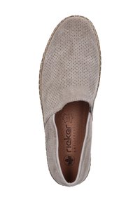 Light gray suede slip-on shoe with perforated design, textured upper, elastic side panels, and a beige sole; “rieker antistress” embossed inside.