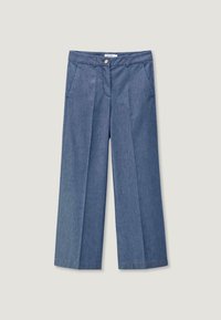 Spodnie dżinsowe o szerokich nogawkach w średnim niebieskim odcieniu, z zapięciem na guzik, dwoma przednimi kieszeniami i gładką fakturą.