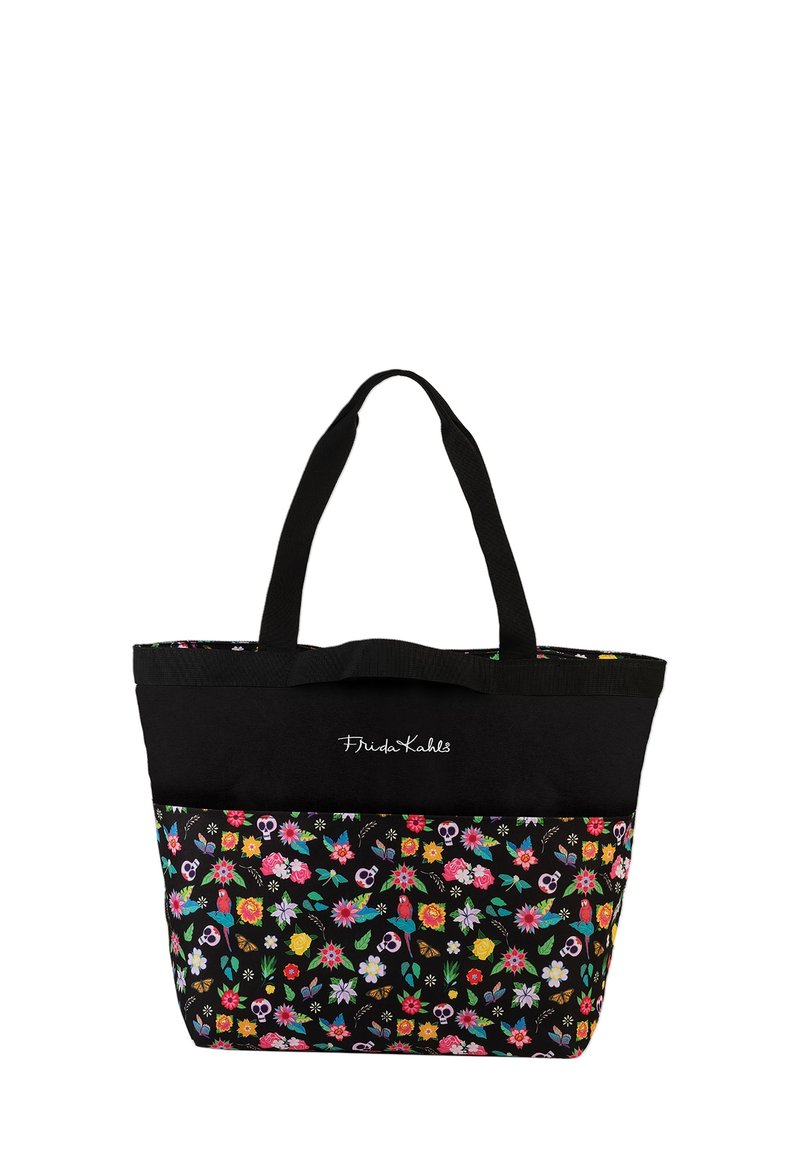 Sac fourre-tout avec un dessus en tissu noir et une partie inférieure arborant un motif floral coloré, incluant des motifs de crânes. Poignées robustes.