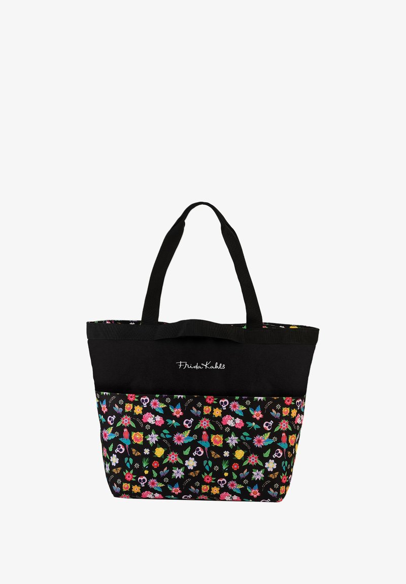 Sac fourre-tout avec un dessus en tissu noir et une partie inférieure arborant un motif floral coloré, incluant des motifs de crânes. Poignées robustes.